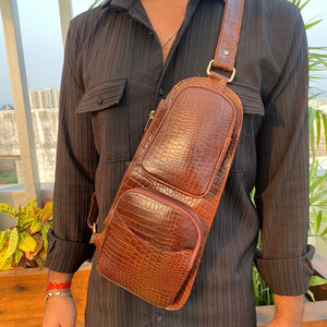 Vintage Crocodile Pattern <b>Shoulder</b> Sling <b>Bag</b> Full Grain Genuine Leather Luxury <b>Men's</b> Crossbody Chest <b>Bags</b> for <b>Men</b> Travel Outdoor - Product Image 2