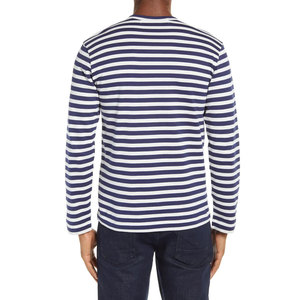 T-shirt à manches longues pour homme, rayé bleu marine et blanc, col rond, coupe classique, tricoté, style décontracté, coton respirant - Product Image 4