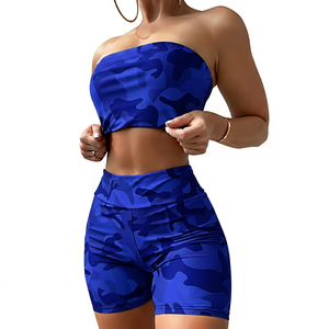 Women's Solid Two Piece Set Strapless Tube Top <b>High</b> Waist Shorts Breathable Skinny Fit Sporty Fitness Wear Red Black Gray - Product Image 3