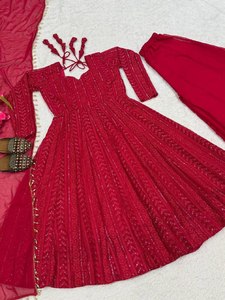 ชุดเดรส Anarkali สีแดงหรูหราทันสมัยสำหรับงานแต่งงานและงาน Diwali ผ้าจอร์เจตต์แขนยาว พร้อมกางเกง Palazzo ปักลายหนัก - Product Image 6