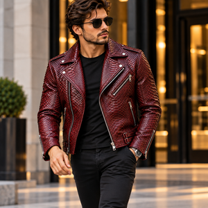 Mens <b>Burgundy</b> Embossed Breathable Snake Skin <b>Leather</b> Biker <b>Jacket</b> Stylish Streetwear Motorcycle Outerwear Fashion - Product Image 1