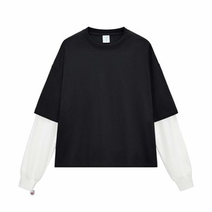 Premium Quality Double <b>Layer</b> Long Sleeve T-Shirt Men O-Neck Solid Black Cotton Knitted Casual Crop <b>Top</b> Blank Design T-Shirts OEM - Product Image 2