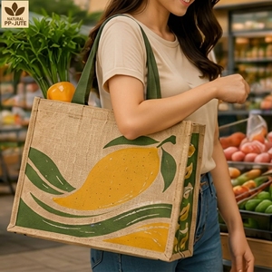 Custom Printed Jute Grocery <b>Bag</b> with Inside PP Lamination Cotton Handles <b>Reusable</b> Wholesale Totes OEM ODM Private Label Exporter - Product Image 5