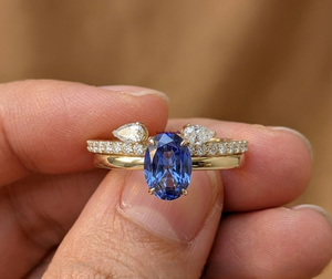 Anillo de Diamante Azul Ovalado Cultivado en Laboratorio VVS1, Corte Oval, Estilo Trillón, Conjunto de Joyería Nupcial, Banda de Oro de 14K para Mujer, Regalo de Aniversario de Bodas - Product Image 2