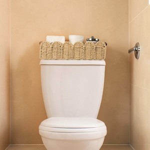 ISLA Handwoven Paper Rope Scalloped Tank Basket with Wooden Handles Wicker Organizer <b>Bin</b> for Bathroom Bedroom Kitchen Wholesale - Product Image 2