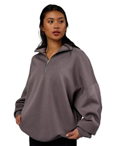 Sudadera de forro polar extragrande para mujer con cremallera de un cuarto, color liso, hombros caídos, manga larga, cuello alto, transpirable, para otoño - Product Image 1