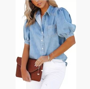 2026 Spring and Autumn New Arrival Denim Shirt Stock European Style Multicolor 100% Cotton Puff Sleeve Vintage - Product Image 1