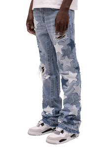 Jean en denim pour homme 2026 de haute qualité, coupe évasée, délavé bleu, avec patchs, effet usé, style streetwear hip-hop Y2K, OEM ODM, en coton - Product Image 4