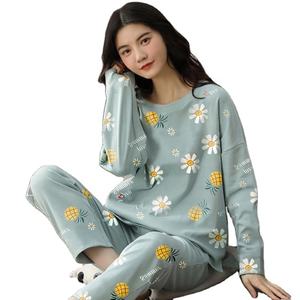 High Quality Indian Cotton Pajamas Set Custom Pattern Letter Printed Knitted Jersey Biowashed Summer Autumn Spring <b>Women's</b> - Product Image 2