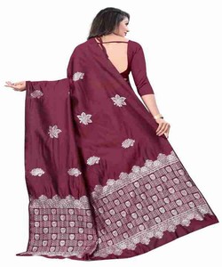 Sari de seda color granate con bordado floral y diseño de borde, ropa tradicional india para bodas, para mujeres. - Product Image 2