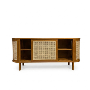 Buffet de salle à manger ovale contemporain en teck élégant avec portes en rotin naturel, meuble de rangement pour la maison, vente en gros - Product Image 1