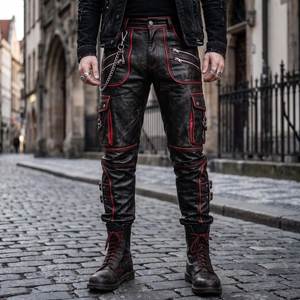 Pantalon noir taille haute déchiré avec surpiqûres rouges, poches zippées, style motard, coupe skinny, longueur intégrale - Product Image 4