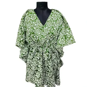 Caftán Corto Informal con Estampado Jaipuri, Cuello en V, Estilo Hippie Elegante, Transpirable, Cintura Holgada, Diseño ODM de Verano - Product Image 2