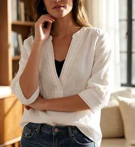 Blusa de Lino para Mujer, Cuello en V, Estilo Casual, Holgada, Minimalista, Túnica de Lino de Verano, Manga Larga, Ligera - Product Image 6