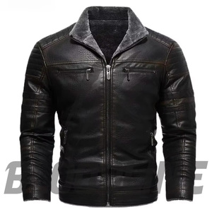 Chaqueta de Motociclista de Cuero PU Negra para Hombre, Cierre de Cremallera, Cuello Alto, Forro de Piel Sintética, Ropa Casual de Invierno - Product Image 1