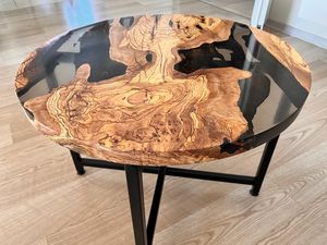 Round Wood Resin <b>Coffee</b> <b>Table</b> Rustic Design Black Metal Legs Indoor Living Room Furniture Decor Durable Artisan Crafted - Product Image 1