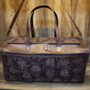Handmade Genuine Leather Tooled Travel Duffle Bag – Vintage Western Embossed Leather Gym Bag with Shoulder <b>Strap</b> - Product Image 1