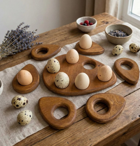 Handmade Acacia Wood Egg Holder Tray Flower Shape Dark Brown <b>Kitchen</b> <b>Rack</b> for Serving Trays - Product Image 2