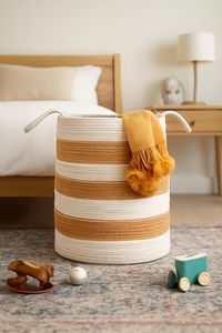 Cotton Rope Laundry <b>Basket</b> <b>Foldable</b> Woven Laundry Hamper with Handles Clothes Toy Blanket Storage <b>Basket</b> for Bedroom Living Room - Product Image 3