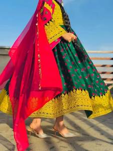 Latest Afghan Kuchi <b>Dress</b> Women Lace Patch Work Floor Length A-Line Square Neck Long Sleeve Contrast Color Party Wedding <b>Dresses</b> - Product Image 3