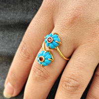 Bague ajustable en turquoise bleue double, sculptée à la main en forme de fleur, plaquée or 18 carats, pour femme, bijoux sur mesure en gros.