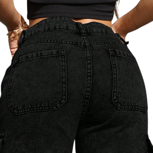 Pantalones Cargo de Mezclilla Negros de Pierna Ancha para Mujer, Cintura Alta, Ajuste Holgado, Estilo Casual, Utilitario, Moda Urbana, Uso Diario - Product Image 4