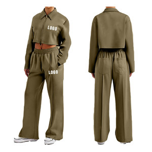 Ensemble deux pièces décontracté pour femme White Bird Express : veste courte à capuche olive et pantalon large, survêtement assorti, vêtements de sport 100% coton - Product Image 2