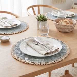 Round Woven Rattan <b>Placemat</b> Shell Trim <b>Table</b> Mat Handmade Wabi Sabi Decorative Pad <b>for</b> Dining <b>Table</b> Home Decor - Product Image 2