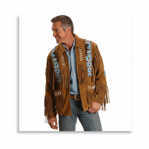 <b>Men's</b> Genuine <b>Leather</b> Winter <b>Jacket</b> with Breathable Fabric Fringe Beading Hand Embroidery Turn-down Collar Vintage Style - Product Image 5