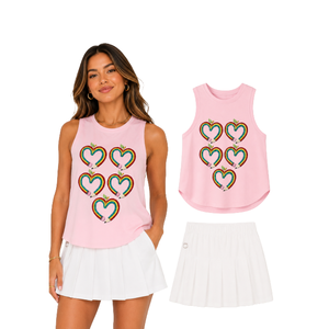 Wholesale Back To School Pink <b>Top</b> With <b>Sequin</b> <b>Rainbow</b> Heart 2-Piece Skort Set Breathable Knee Length Women's Casual Summer Wear - Product Image 1