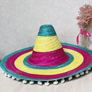Sombrero Mexicano de Paja Multicolor a Rayas con Pompones - Estilo Casual para Fiestas de Verano, Actividades al Aire Libre, Viajes y Uso Profesional - Product Image 1