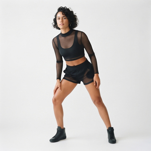 Ensemble short et crop top en maille transparente pour femme, tenue de club sexy, léger, deux pièces, avec ceinture - Product Image 6