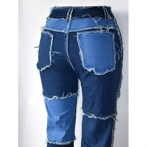 Pantalon en jean pour femme Premium Marque Privée, style urbain, motif léopard, avec nœud, déchiré, décontracté, à contraste de couleurs, taille haute, coupe moulante aux hanches et évasée - Product Image 3