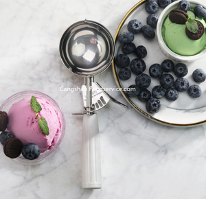 Cuchara para helado con mango de plástico, acero inoxidable, mango de colores, botón de presión suave, cucharas y apiladores de helado ecológicos de metal y plástico - Product Image 5