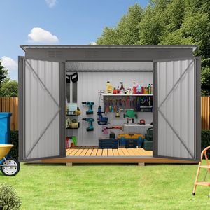 Caseta de Jardín Metálica para Exteriores de 4 x 9 Pies con Techo Inclinado, 6 Ventilaciones y 2 Puertas Batientes para Almacenamiento en el Patio Trasero PA - Product Image 1