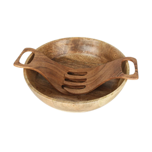 Bol à salade en bois d'acacia de haute qualité, ensemble de 2 fourchettes en forme de main, design moderne, bols de service, cuisine, salle à manger, fabrication artisanale au Vietnam - Product Image 1