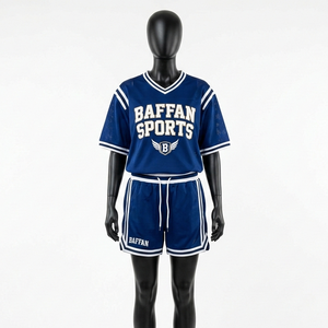 Conjunto Deportivo Profesional de Malla de Poliéster Suave, Diseño con Paneles Laterales Azules y Blancos, Logotipo Personalizado con Serigrafía, Uniforme de Entrenamiento para Mujer - Product Image 1