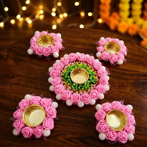 Handmade Pink Rose and Pearl <b>Tealight</b> Candle <b>Holder</b> Set with Floral Rangoli Tray for Diwali Wedding Festival Home Decor Gift - Product Image 6