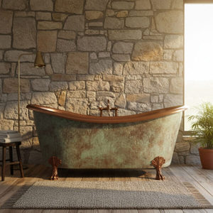 Hammered Clawfoot Copper Double Slipper Tub with Blue Green Patina Exterior - Product Image 2