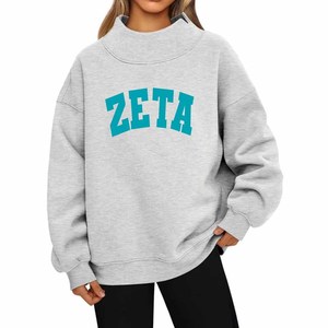 Women Zeta Greek Apparel <b>Mock</b> <b>Neck</b> Sweatshirt Oversized Crew <b>Neck</b> Chenille Letter Embroidery Cotton Fleece College Wear - Product Image 1