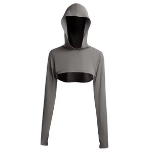 Haut court à capuche pour femme, manches longues, couleur unie, sportif, respirant, léger, en spandex et polyester, coupe régulière, pour le printemps - Product Image 6