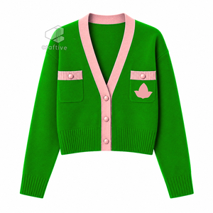 Suéter Acrílico Verde y Rosa con Cuello en V y Botones, Bordado con el Escudo de la Hermandad Alpha Kapa Alpha, Ropa Universitaria, Prenda Exterior - Product Image 1