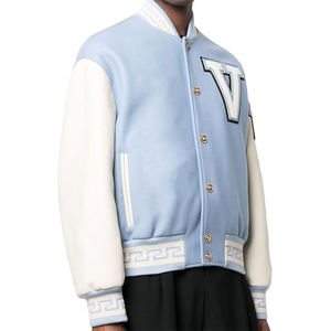 <b>Men's</b> Light Blue Varsity <b>Jacket</b> With White Letter V Embroidery And Greek Key Trim Preppy Style Autumn Wear - Product Image 4