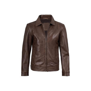 Men's Brown Genuine Leather Moto <b>Jacket</b> <b>With</b> <b>Zipper</b> Closure And <b>Pockets</b> Regular Fit Autumn Style - Product Image 1
