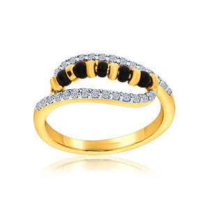 Bague en diamant Mangalsutra Connection of Soul, or jaune 18 carats de qualité supérieure, bague ouverte avec design de perles en émail noir, bijoux fins - Product Image 1