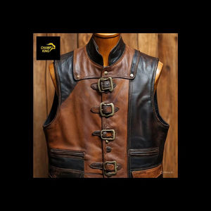 เสื้อกั๊กหนังแท้สีดำสำหรับผู้ชาย Champ King ทำมือ ระบายอากาศได้ดี น้ำหนัก 360 กรัม เหมาะสำหรับฤดูหนาว สไตล์คาวบอย ไบค์เกอร์ คอตั้ง - Product Image 1