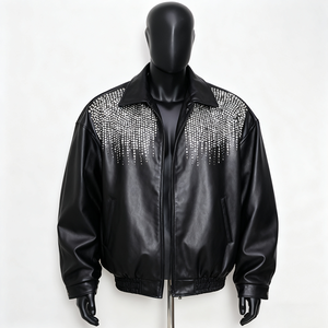 Chaqueta Bomber de Cuero PU para Hombre con Lentejuelas de Diamantes de Imitación, Cuello Vuelto, Manga Regular, Estilo Urbano, para Otoño, con Detalle de Diamantes de Imitación. - Product Image 5