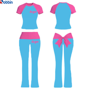 Conjunto de Verano de 2 Piezas para Mujer con Logotipo Personalizado, Diseño de Lazo, Manga Corta, Cintura Plegable y Pantalones Acampanados, en Algodón Ecológico - Product Image 3