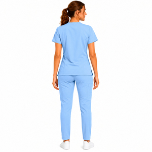 Ensemble de tenue médicale personnalisé pour femme, bleu clair, haut à col en V et pantalon, en coton et polyester tricoté, style jogger extensible, pour hôpital - Product Image 5
