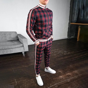 Factory Custom Men's Check Print Sublimated Bomber <b>Jacket</b> Tracksuit Zip Enclosure Ribbed Hem & Cuffs Stripe Zipper Sweat Suit - Product Image 3